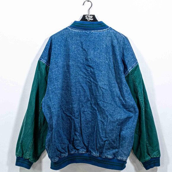 Lee Sport Denim Varsity Bomber Jacket Colorblock XXL VTG 90s Skate Hip Hop Baggy - Picture 2 of 8
